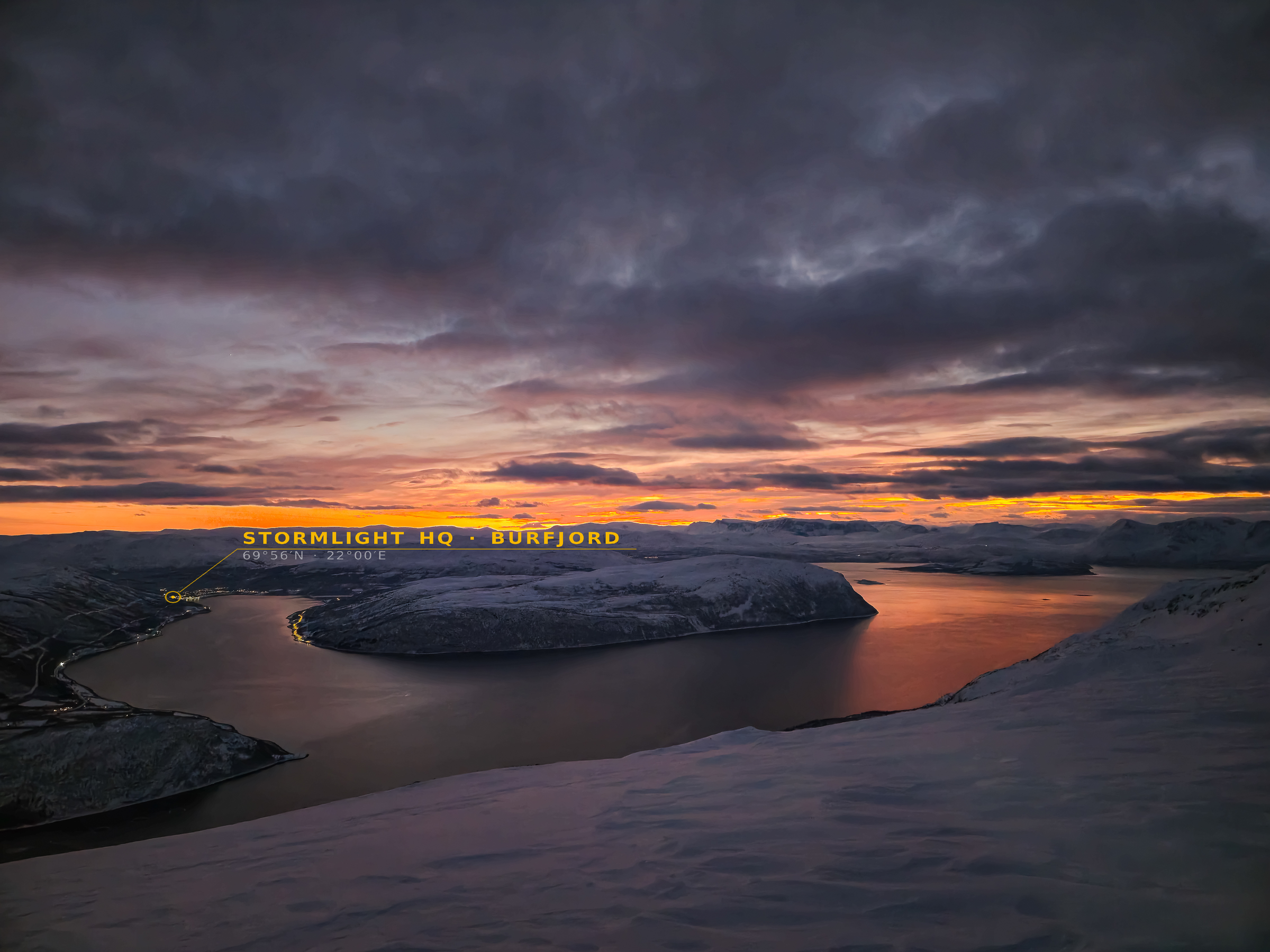 Burfjord seen from Laslettinden — home of Stormlight, north of the Arctic Circle