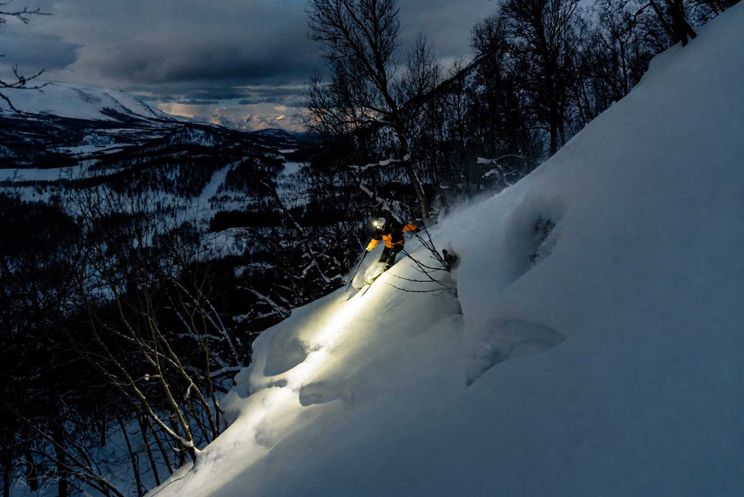 Stormlight headlamp in use, Arctic blue hour